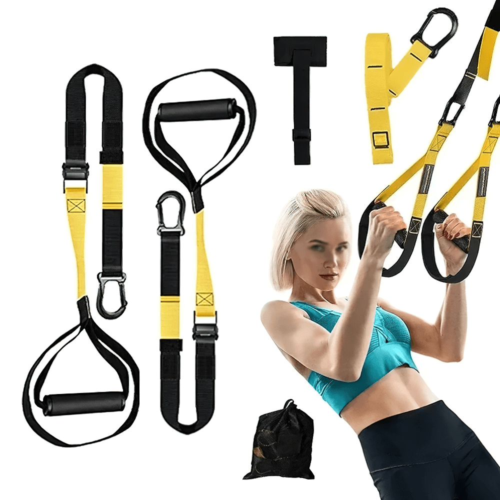 Woman using adjustable suspension training straps for workouts, featuring yellow bands and handles, product code SF3342.