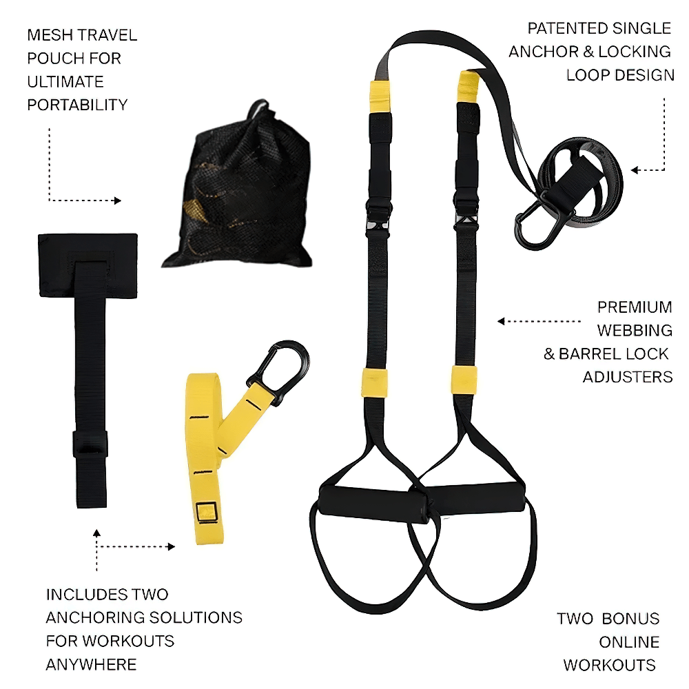 Adjustable suspension training straps with mesh travel pouch, anchor solutions, and barrel lock adjusters, perfect for on-the-go workouts.
