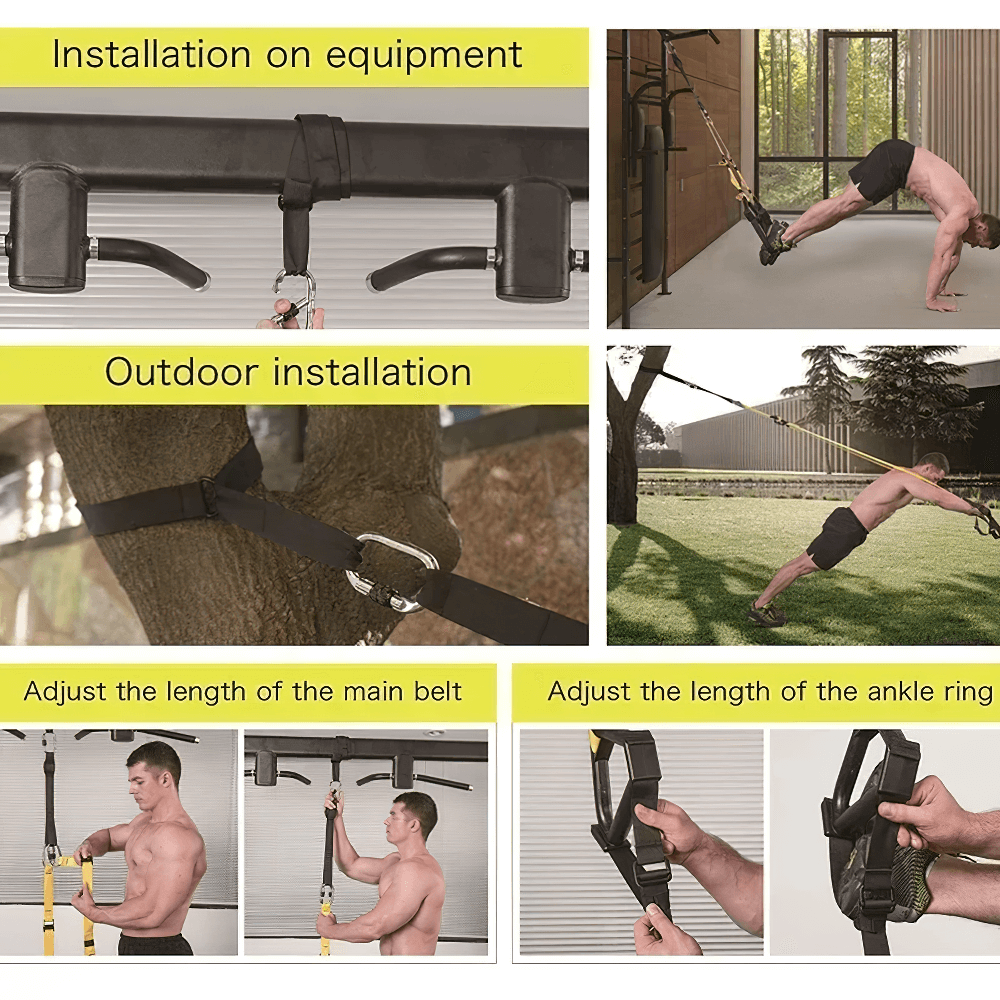 Adjustable suspension training straps showing indoor and outdoor installations, with close-ups of length adjustments for workouts.