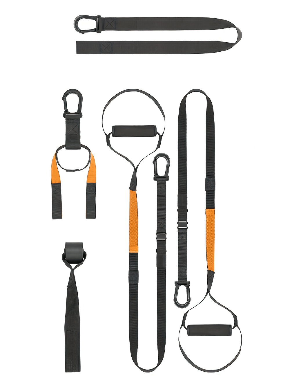 Adjustable suspension training straps system, perfect for total body strength workouts with ergonomic handles and secure anchors.