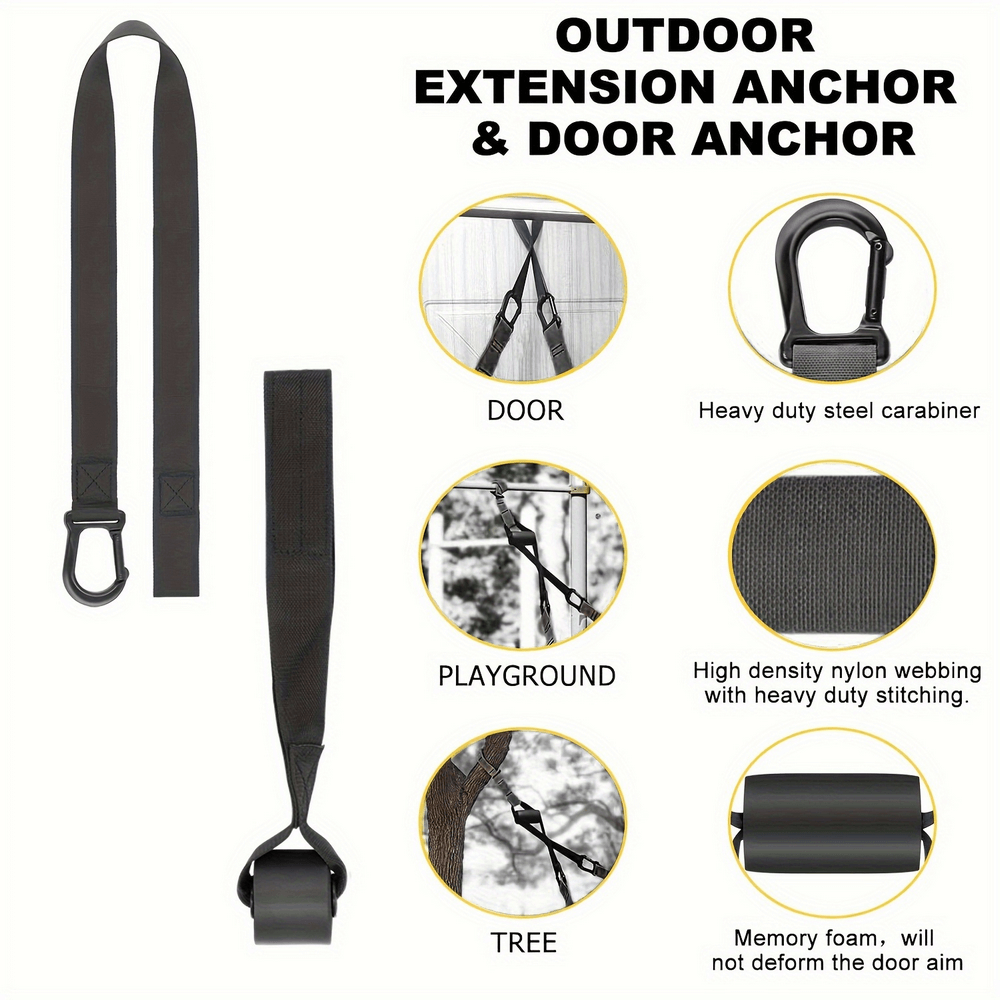 Adjustable suspension training straps with outdoor extension anchor, door anchor, heavy-duty steel carabiner, and durable nylon webbing.