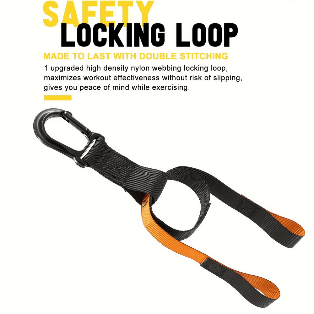 Adjustable suspension training strap with safety locking loop for secure workouts.