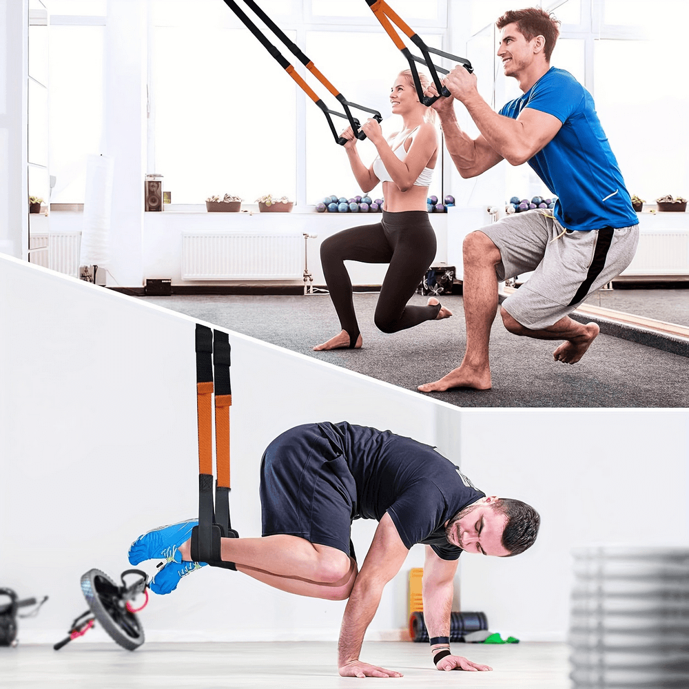 People using Adjustable Suspension Training Straps for total body workout indoors, focusing on core strength and stability.