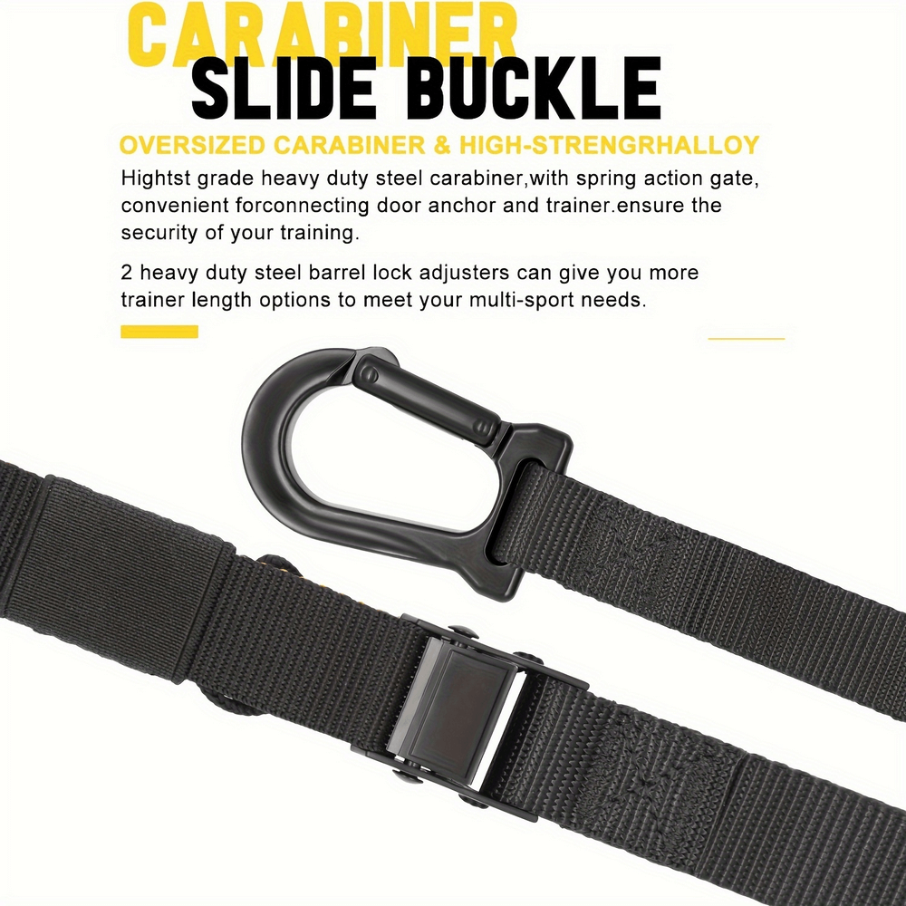 Close-up of carabiner and slide buckle on adjustable suspension training straps for versatile workouts.