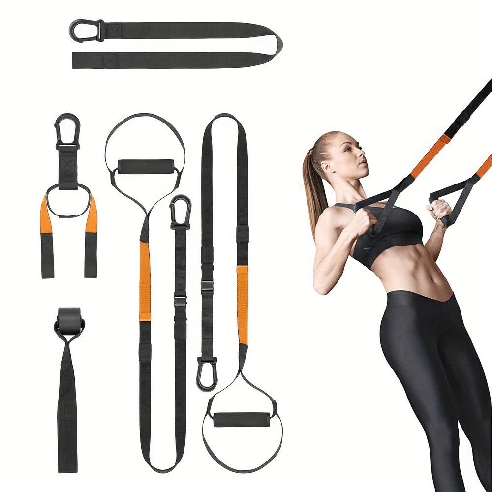 Woman using adjustable suspension training straps for a full-body workout, featuring ergonomic handles and secure anchors.