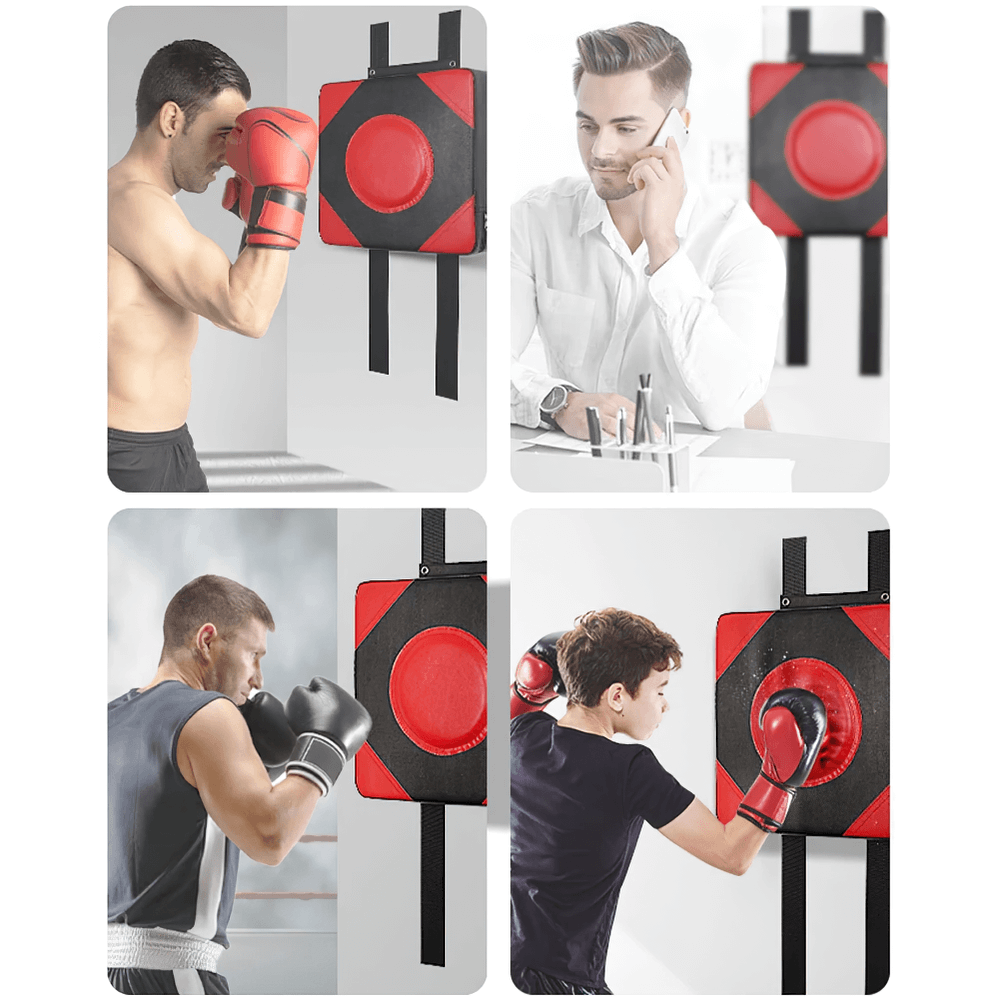 Men and boy using adjustable wall boxing pad SF3157 for fitness and taekwondo training, showing different usage scenarios.
