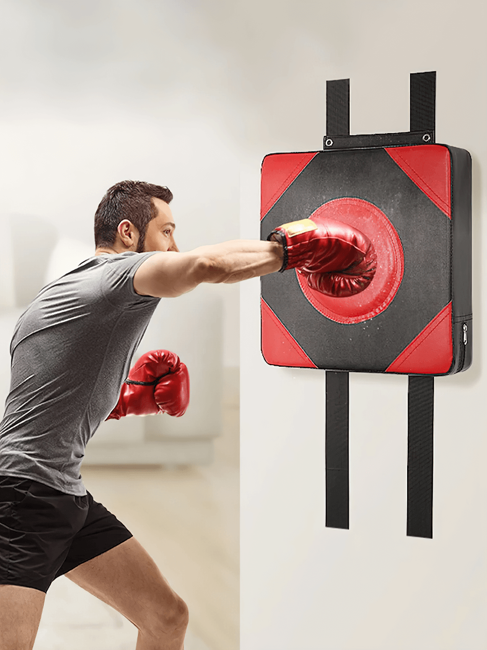 Boxer practicing punches on adjustable wall boxing pad, SF3157, with PU leather target for training in fitness and taekwondo
