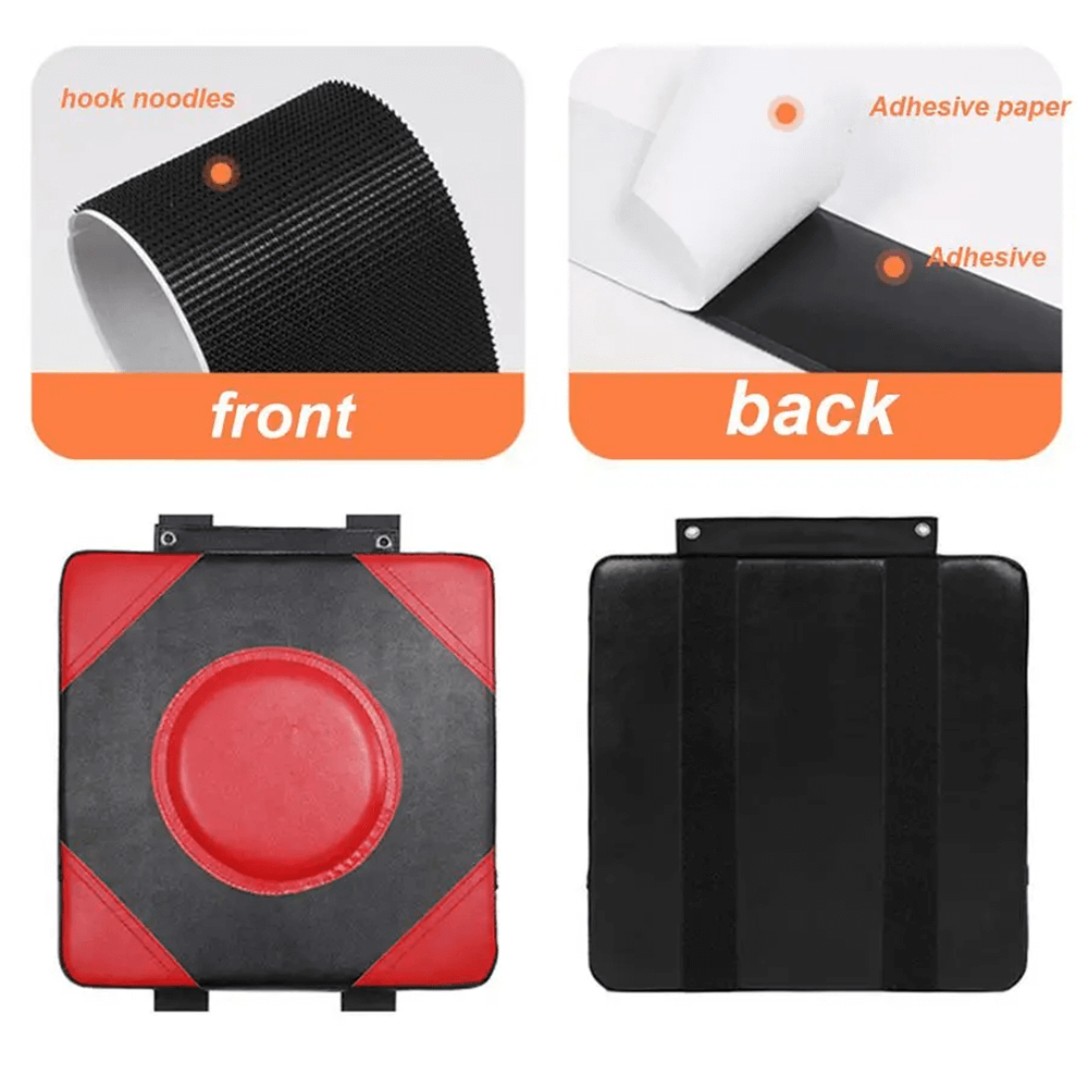 Adjustable wall boxing pad SF3157 showing front and back design with hook noodles and adhesive for easy mounting.