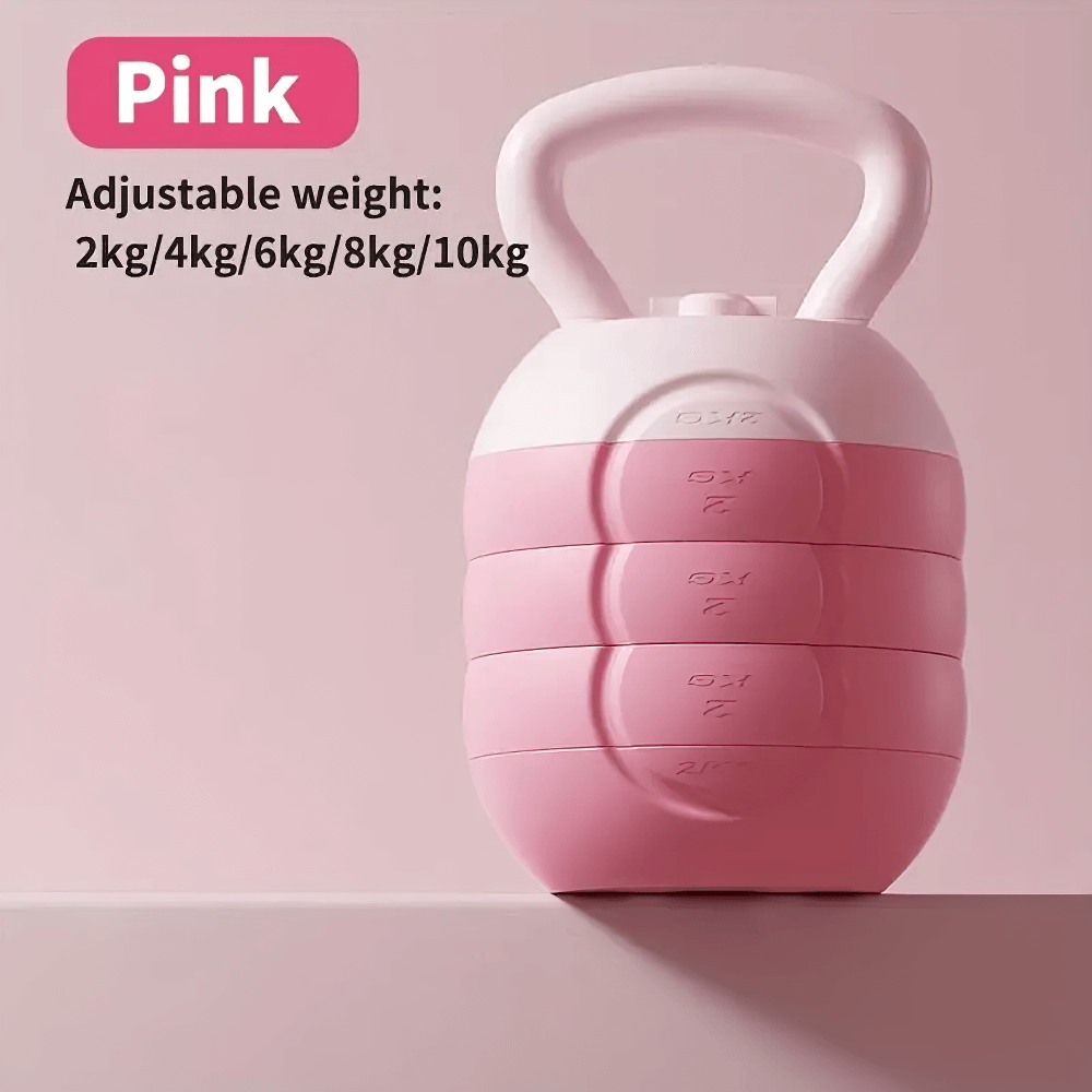 Pink adjustable kettlebell with customizable weights, 2kg to 10kg, perfect for versatile fitness and strength training.