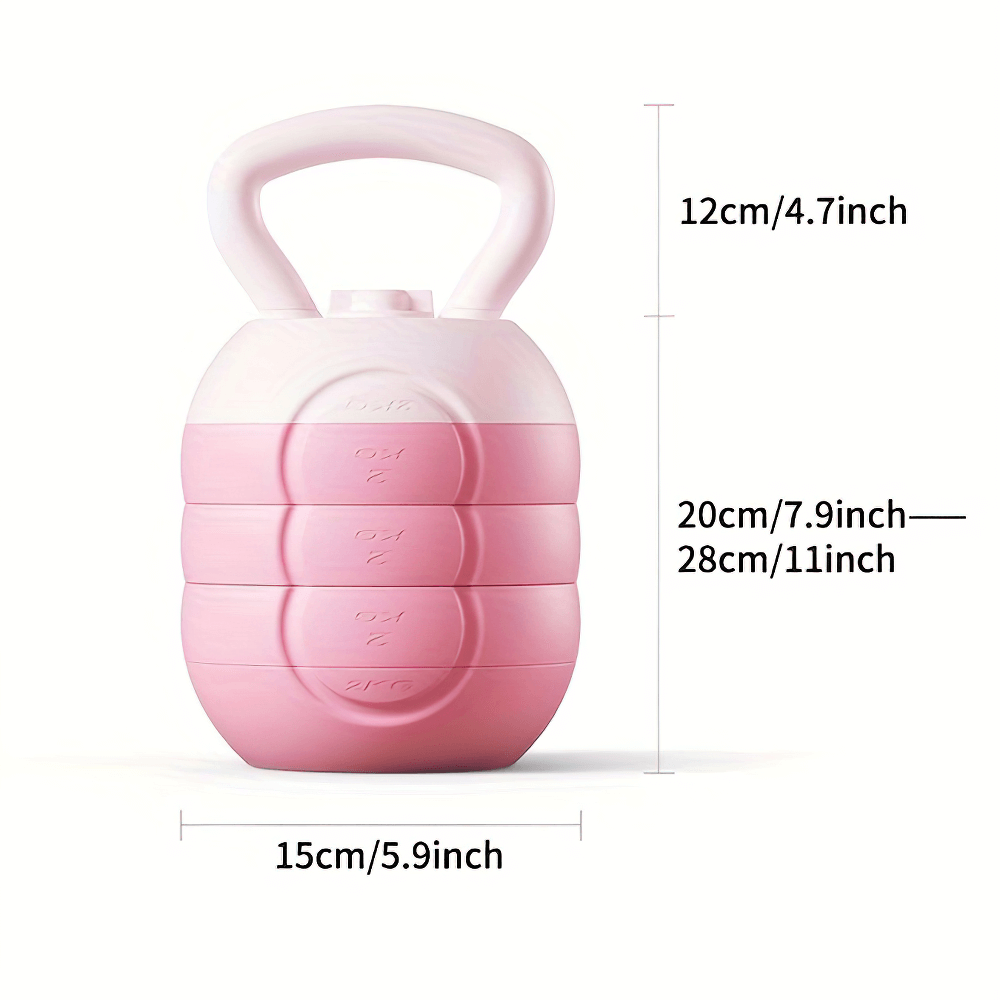 Pink adjustable water-filled kettlebell with graduated measurements for customizable weight from 2kg to 6kg, versatile home gym tool.