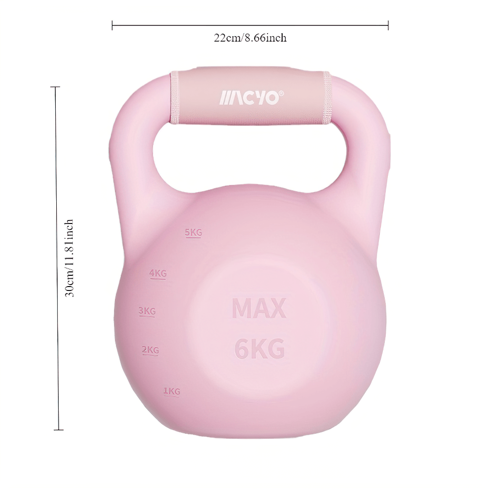 Pink adjustable water-filled kettlebell, ergonomic handle, max weight 6kg, ideal for versatile workouts at home or gym.