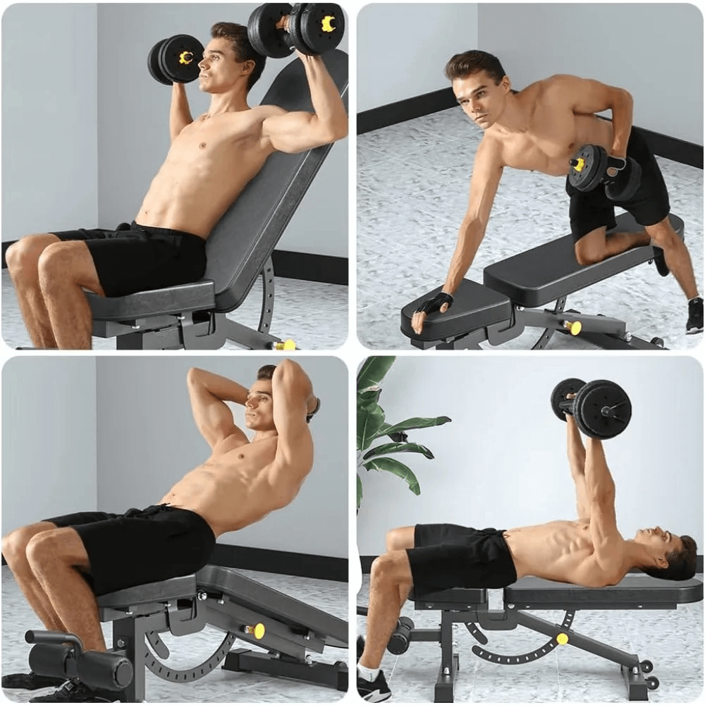 Man demonstrating exercises on Adjustable Weight Bench for Dumbbell Training - SF3447 in various positions.