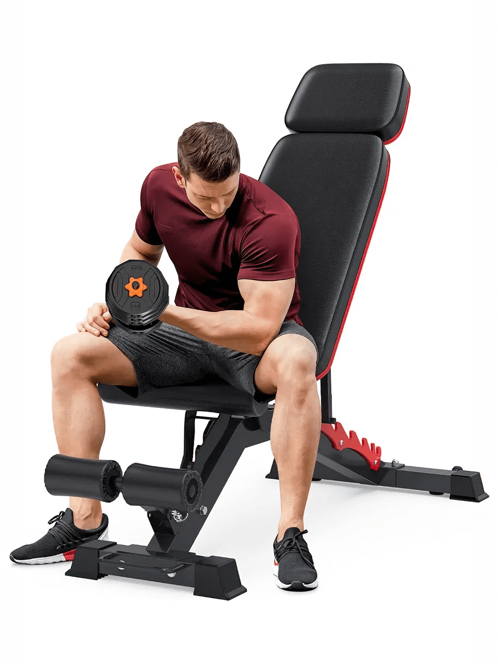 Man using Adjustable Weight Bench for Home Gym Use - SF3453 with dumbbell, demonstrating incline exercise position.