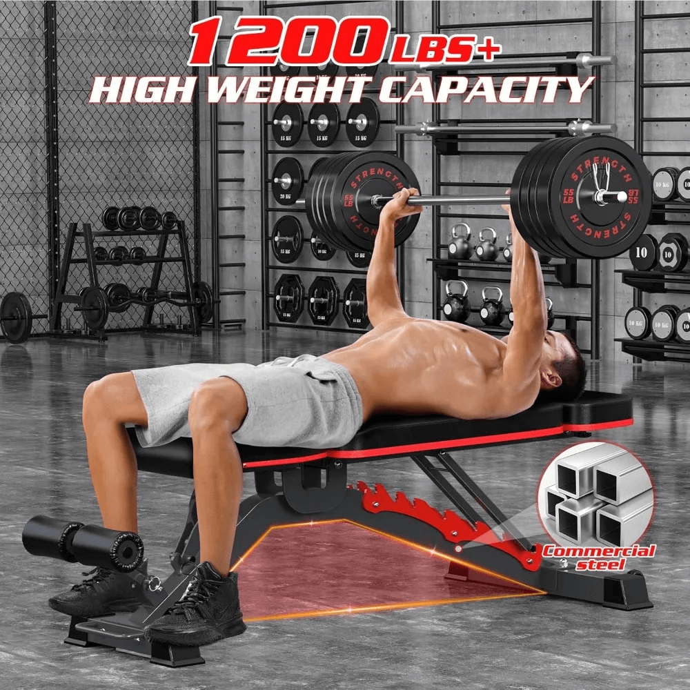 Man using Adjustable Weight Bench for Home Gym Use - SF3453, demonstrating incline bench press with 1200LBS capacity in gym setting.