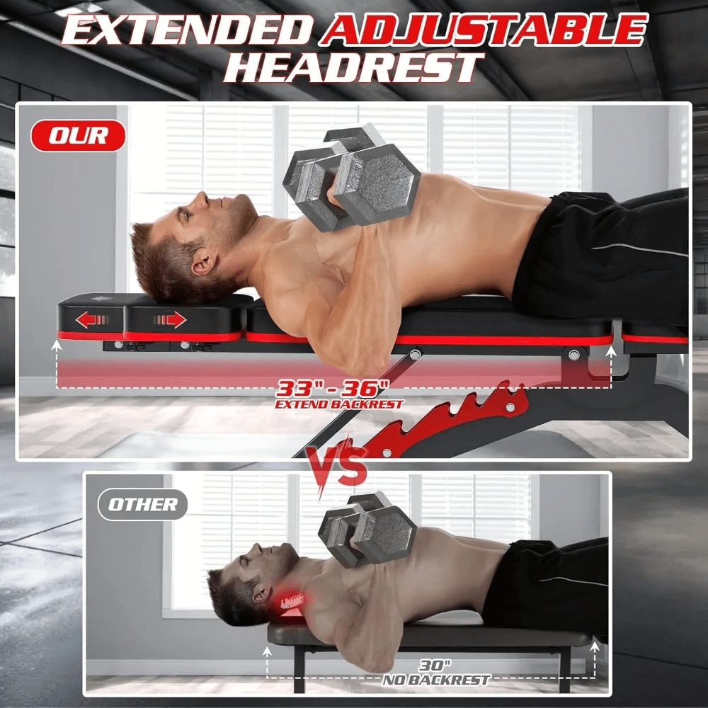 Adjustable Weight Bench for Home Gym Use - SF3453 with extended headrest demonstration against a basic bench setup.