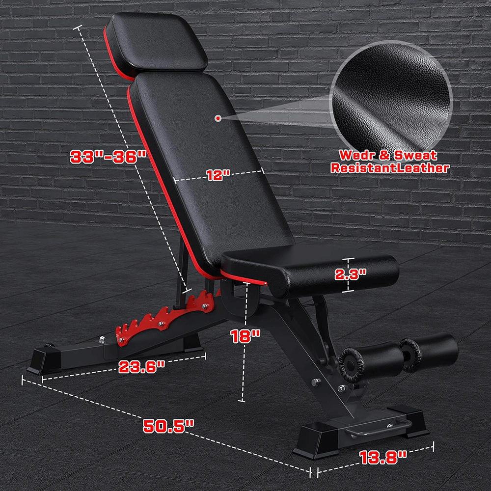 Adjustable Weight Bench for Home Gym Use - SF3453 shown with dimensions, featuring 1200LBS capacity and water-resistant leather surface.