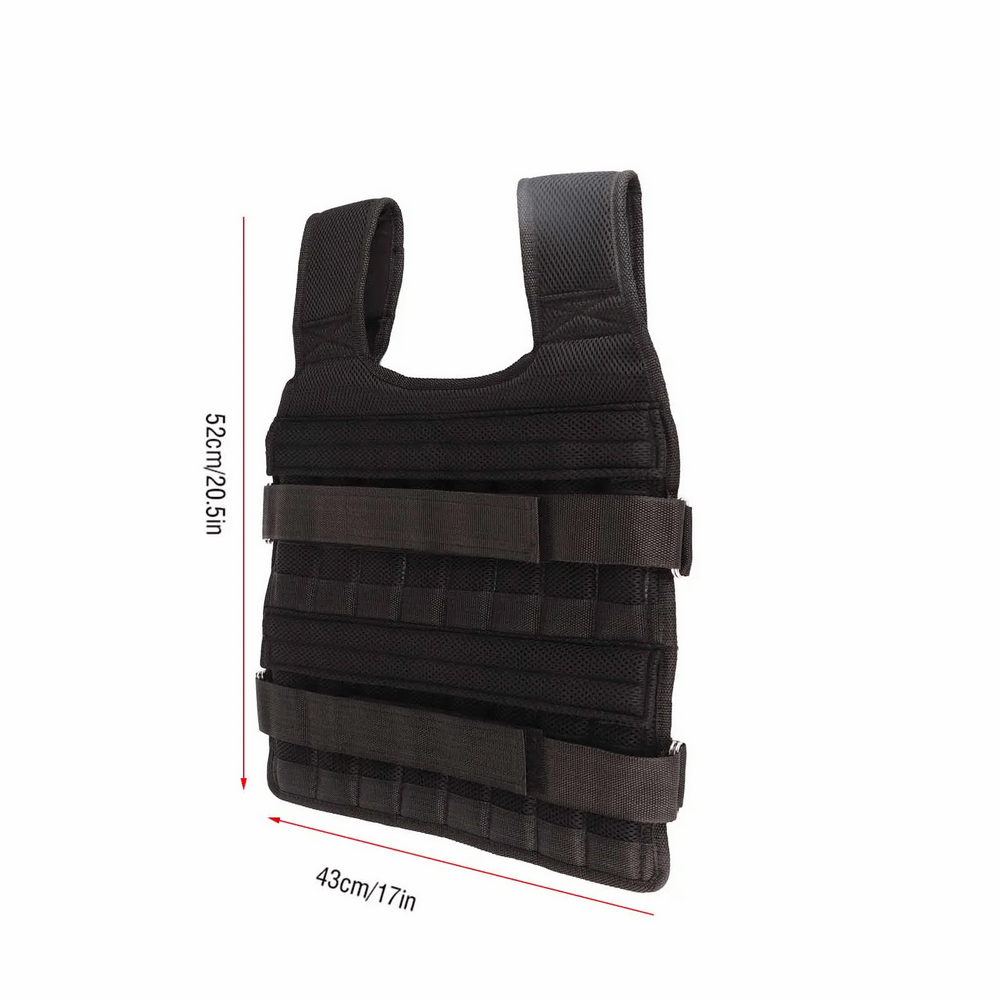 Adjustable weight vest for running with Velcro straps, breathable mesh fabric, measuring 52cm by 43cm, ideal for endurance training.