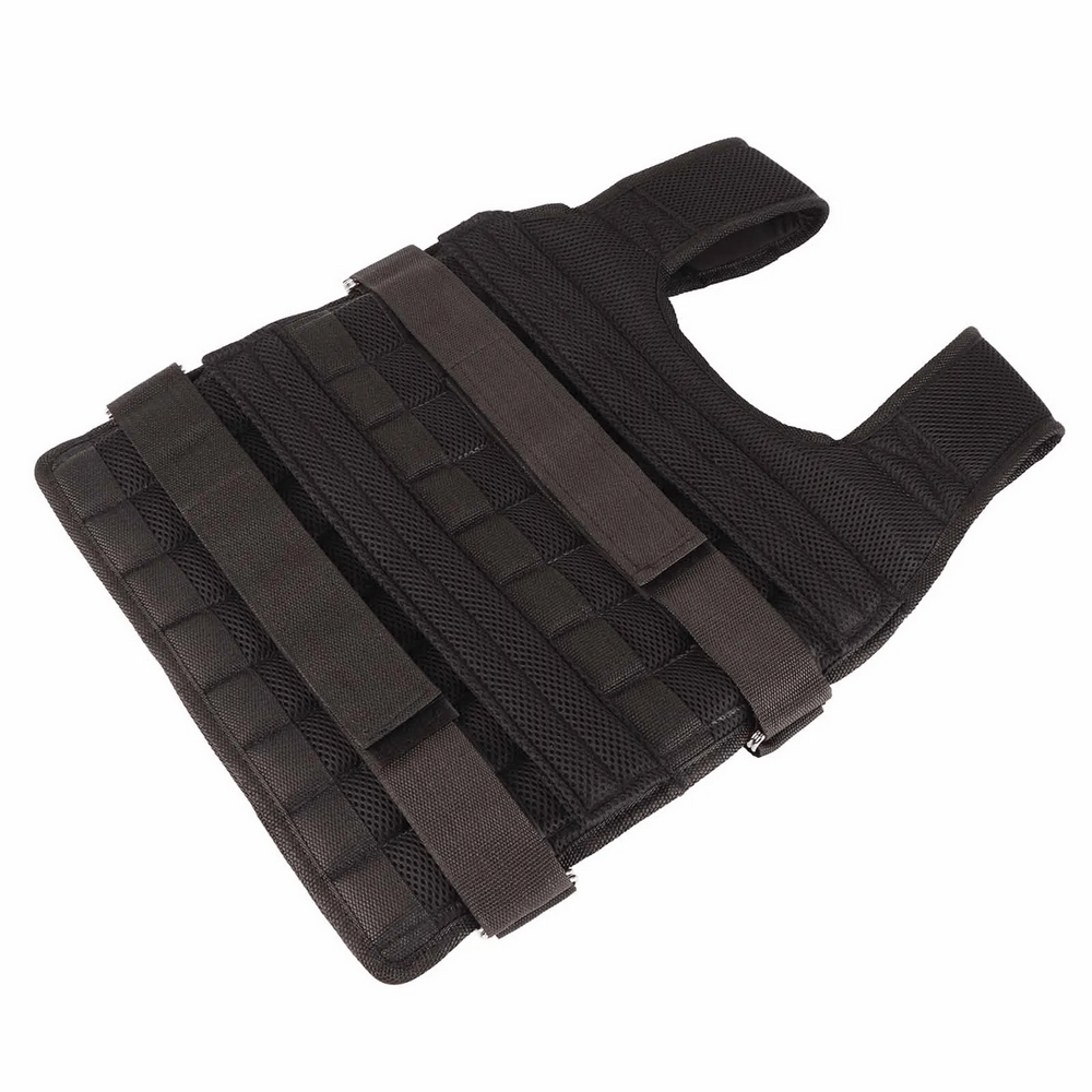 Black adjustable weight vest for running and workout with breathable mesh and Velcro straps, perfect for strength and endurance training.