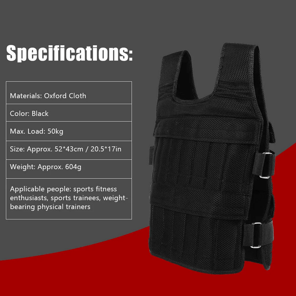 Adjustable black weight vest for running and endurance training, made of breathable Oxford cloth with Velcro straps, max load 50kg.