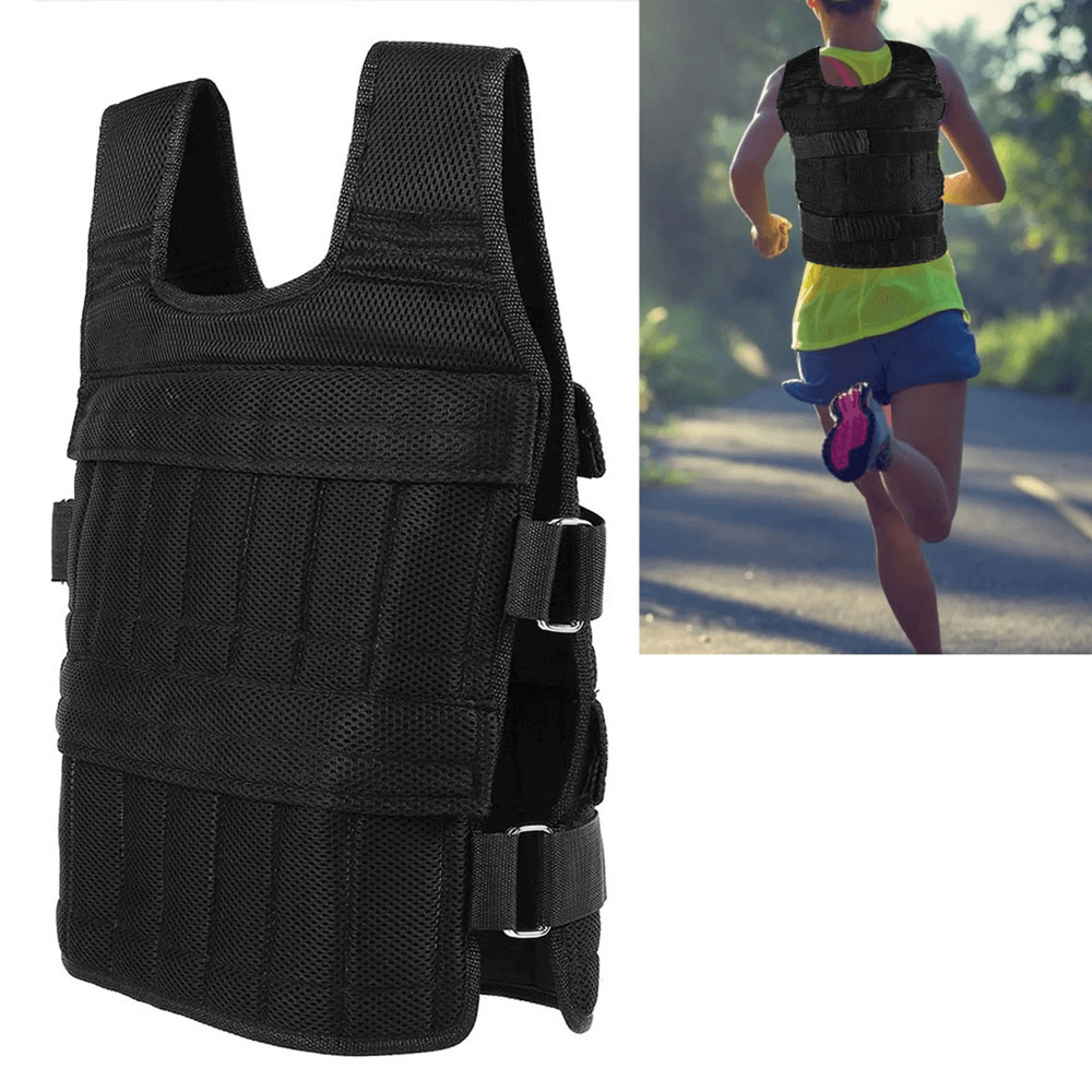 Black adjustable weight vest for running and training, perfect for enhancing endurance with breathable mesh fabric and Velcro straps.