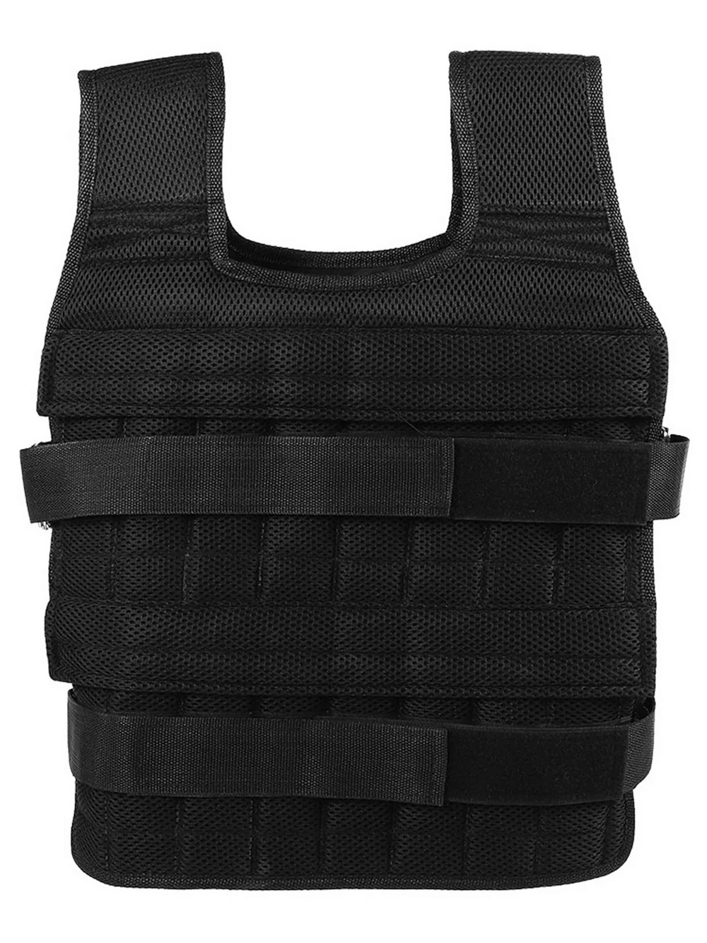 Adjustable black weight vest for running and training, made from breathable mesh fabric with Velcro straps for a snug fit.