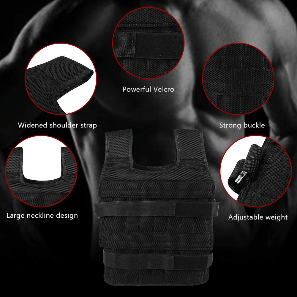 Adjustable weight vest with breathable mesh fabric featuring Velcro straps, widened shoulder straps, strong buckle, and large neckline.