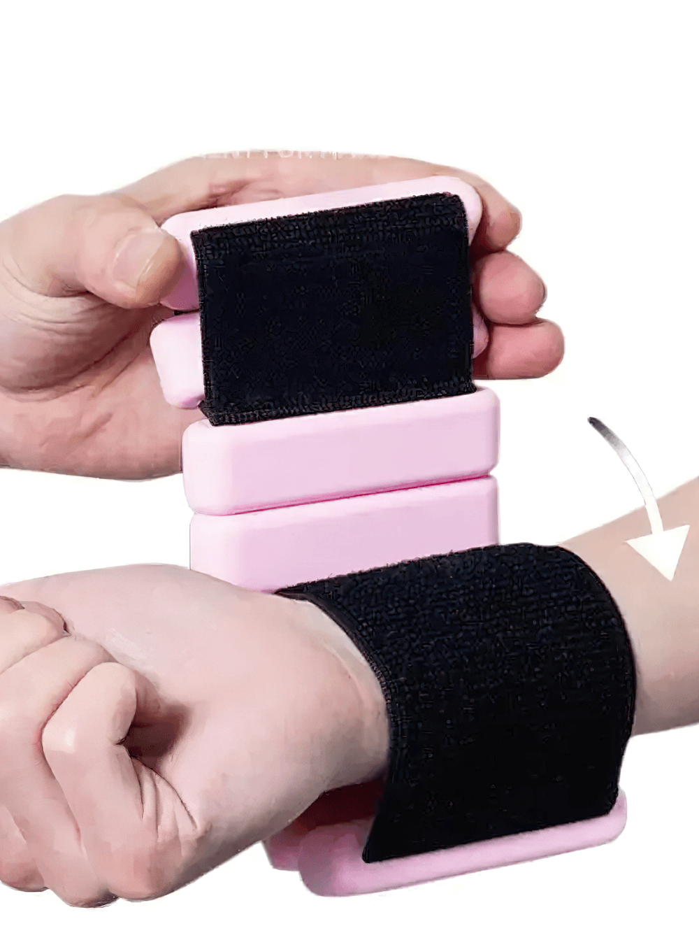 Close-up of adjustable weighted fitness bracelet being secured, showcasing resistance band and nylon buckle. SF3312 model for workouts.