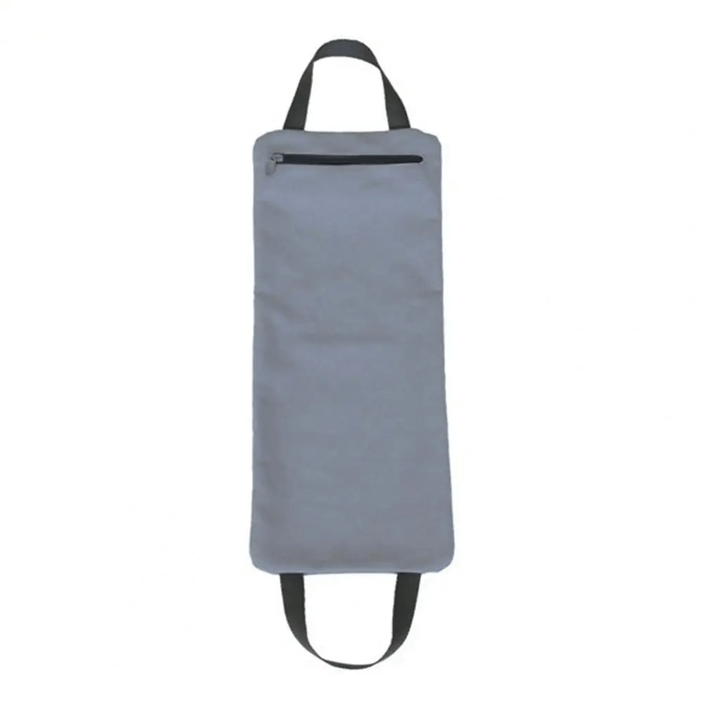 Gray adjustable weighted sandbag with black straps, ideal for yoga and strength training.