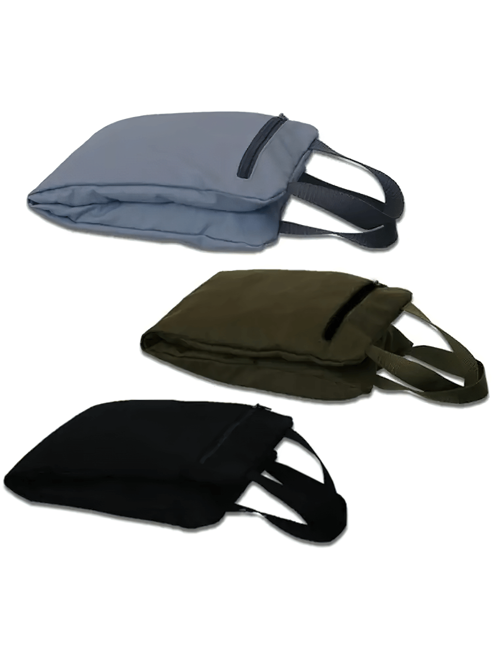Three adjustable weighted sandbags in blue, green, and black, ideal for yoga, Pilates, and strength training exercises.