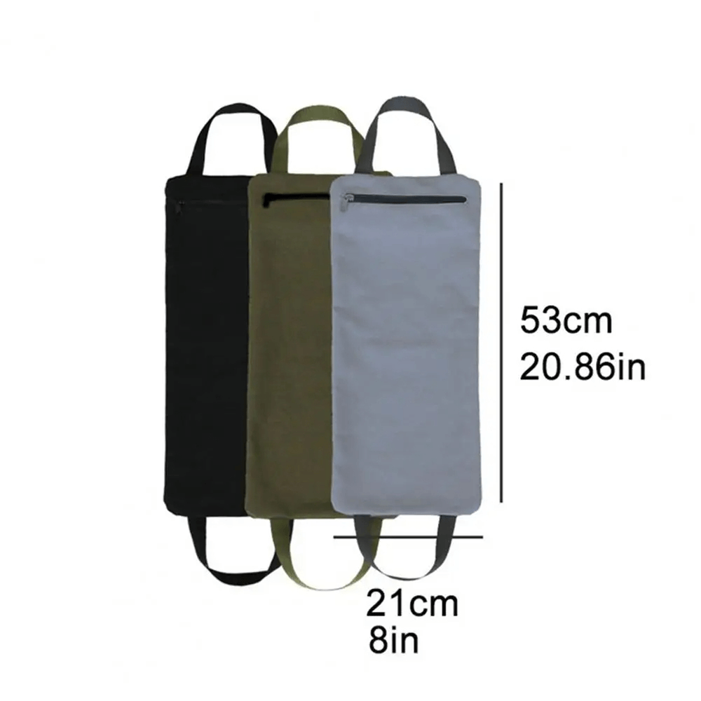 Three adjustable weighted sandbags for yoga and training, featuring secure zippers and easy-to-carry straps, measuring 53cm by 21cm.