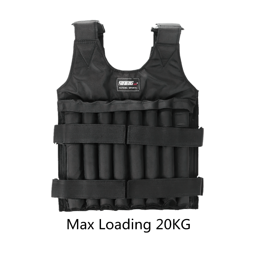 Adjustable weighted training vest for gym and running, with max loading of 20kg. Features durable fabric and snug-fit straps.