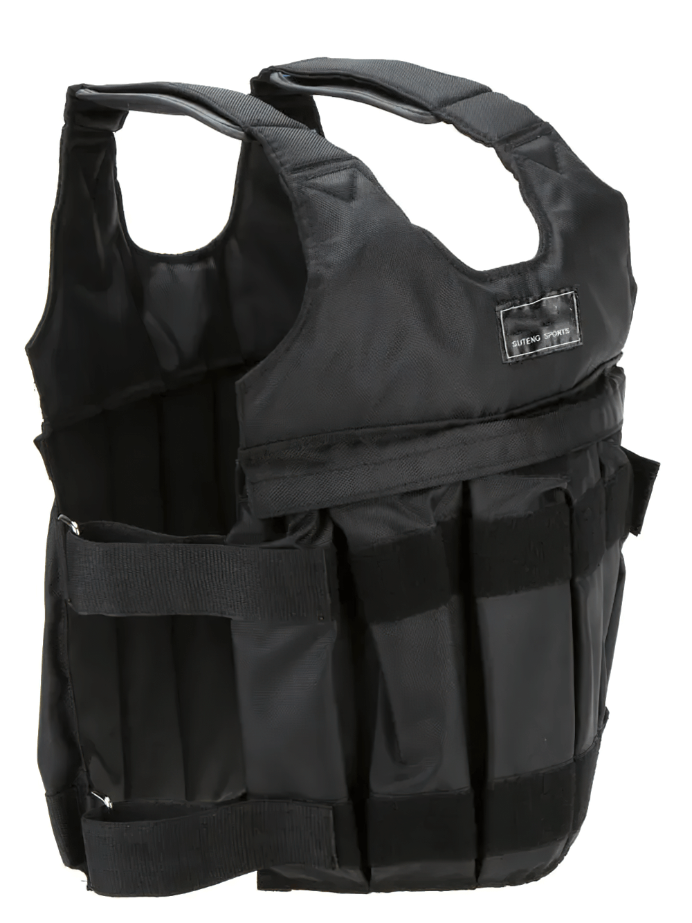 Adjustable weighted training vest SF3423 in black with 3D cushioning and straps for gym and running workouts, no weights included.