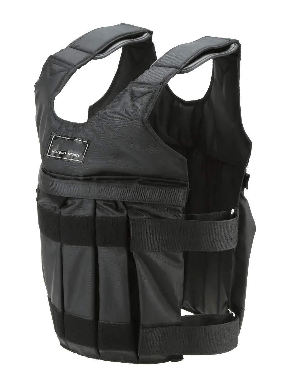 Adjustable weighted training vest in black, ideal for fitness and cardio with snug straps. Model SF3423.