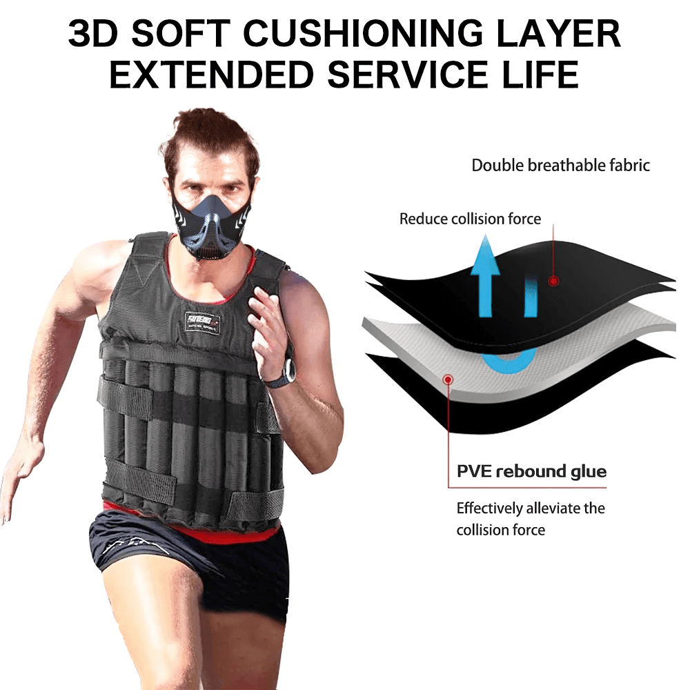 Man running wearing adjustable weighted training vest with 3D cushioning and breathable layers for impact reduction and extended durability.