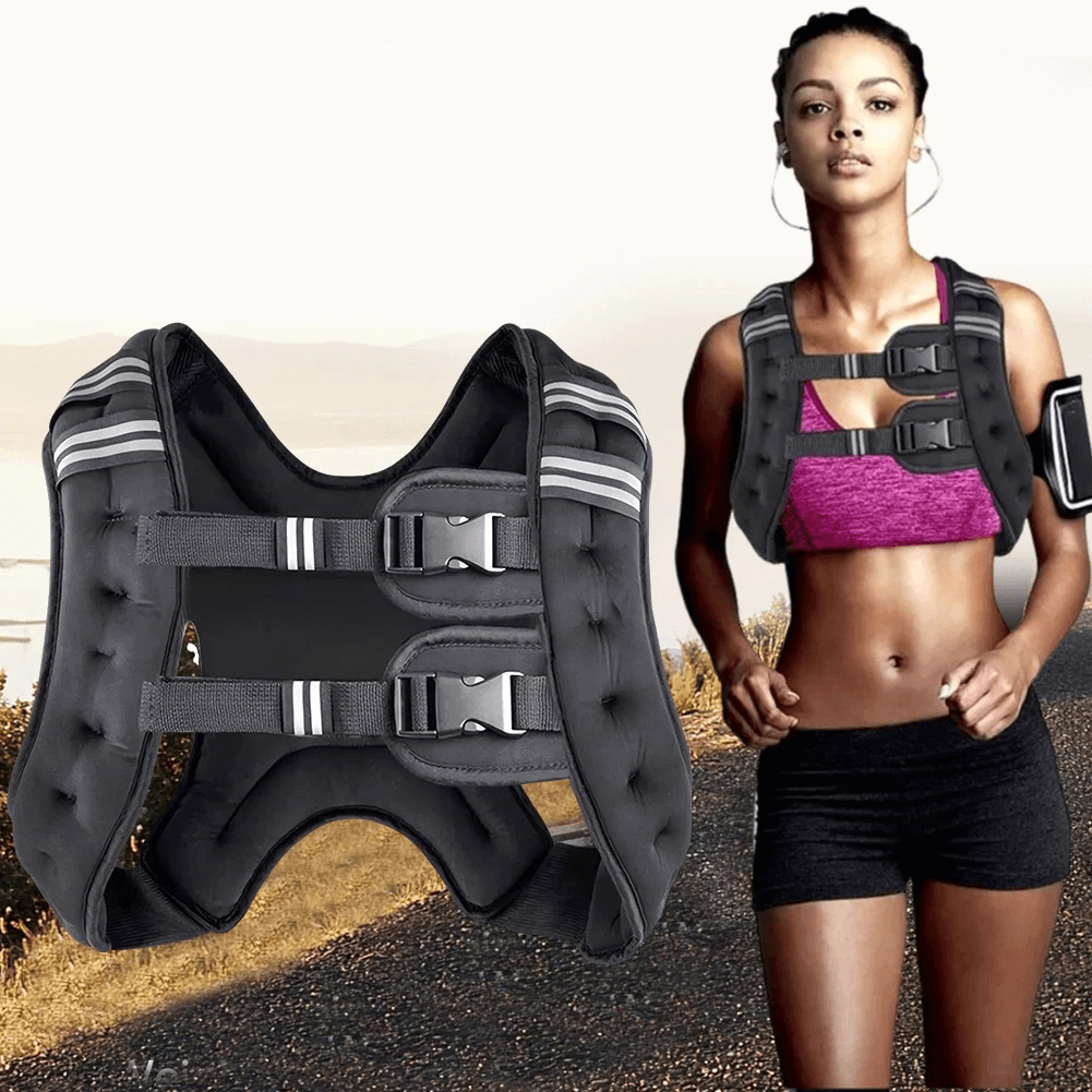Woman running with Adjustable Weighted Vest with Reflective Stripes - SF3433, showcasing fitness and night visibility features.