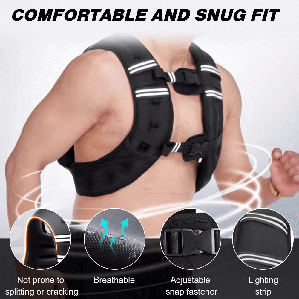 Man wearing Adjustable Weighted Vest with Reflective Stripes - SF3433, showing features like breathable fabric and dual buckle straps.