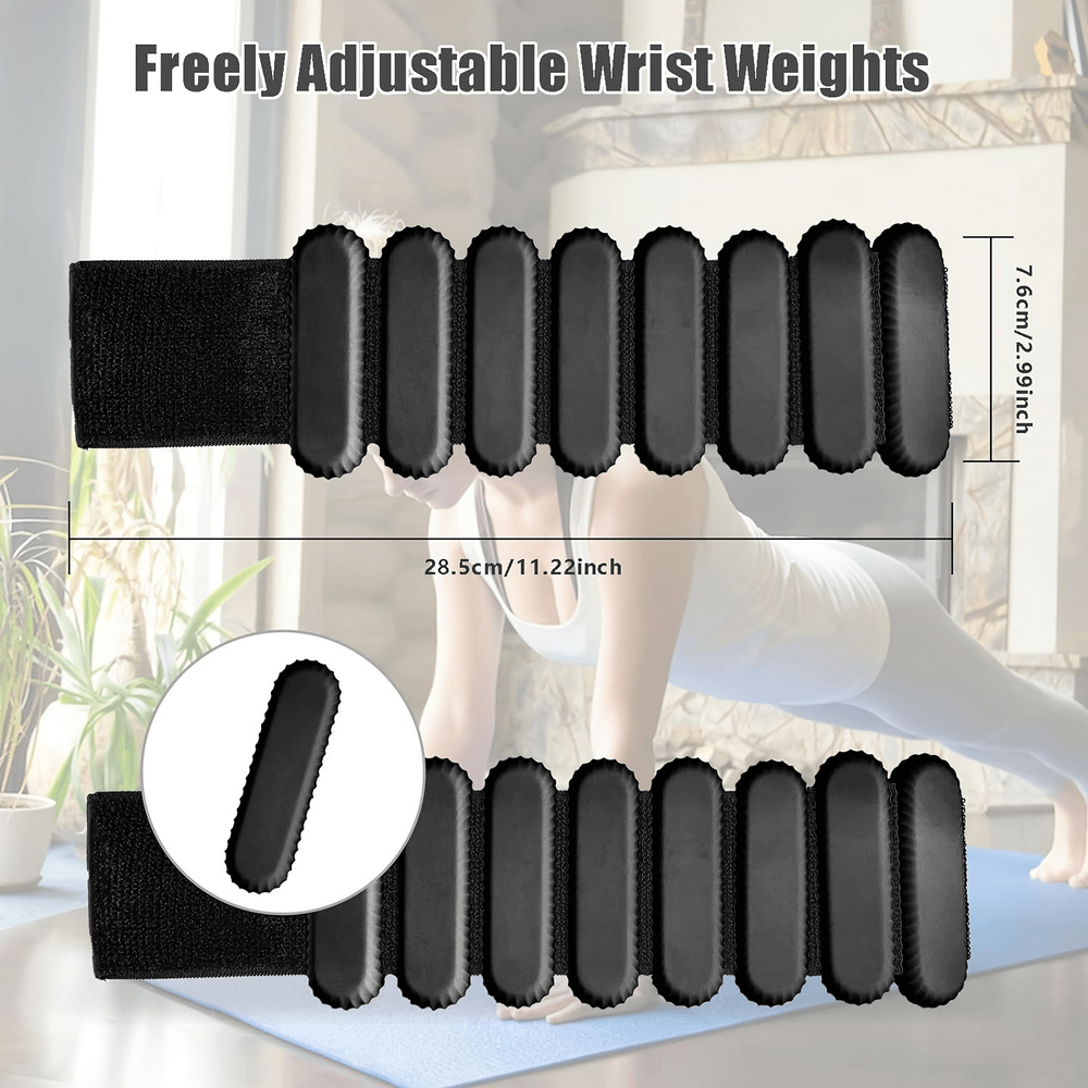 Adjustable weighted wrist bands for resistance training displayed with measurement details, perfect for gym and home workouts.