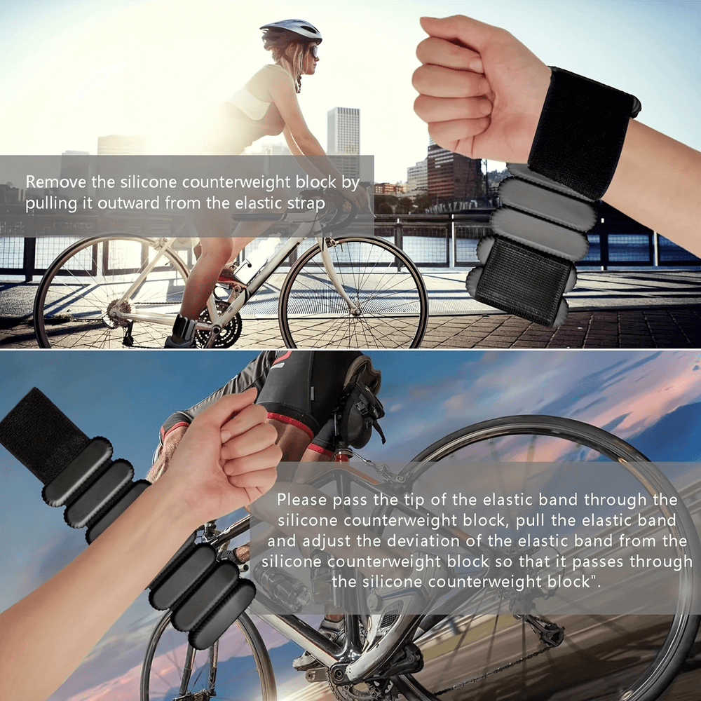 Alt Tag: Adjustable weighted wristbands for cycling and workouts, featuring silicone counterweight blocks for resistance training.