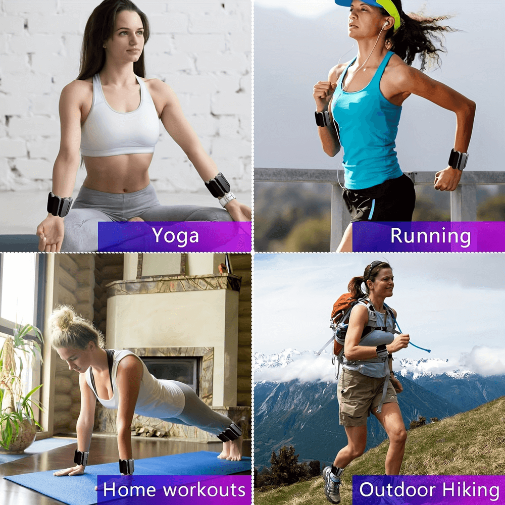 Women using adjustable weighted wrist and ankle bands for yoga, running, home workouts, and outdoor hiking.