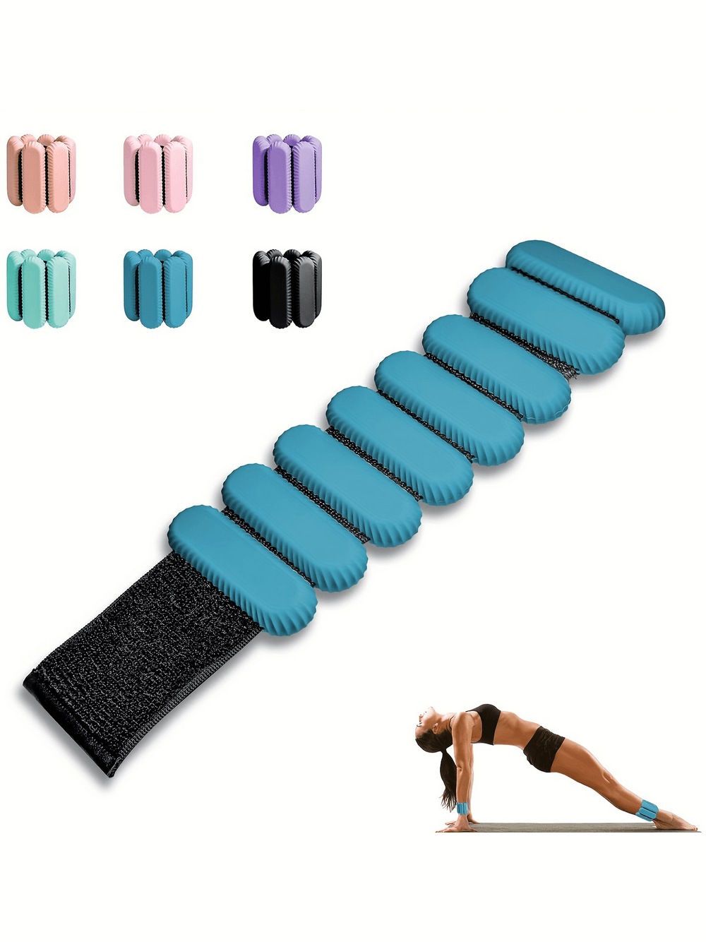 Adjustable weighted wrist and ankle bands in multiple colors for resistance training, perfect for yoga and workouts.