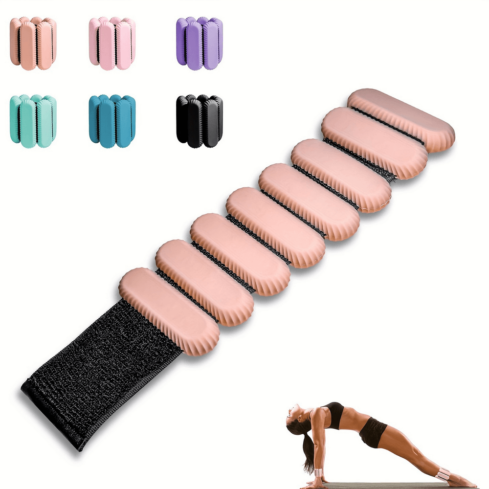 Adjustable weighted wrist and ankle bands in multiple colors for resistance training and workouts, shown with a person doing yoga.