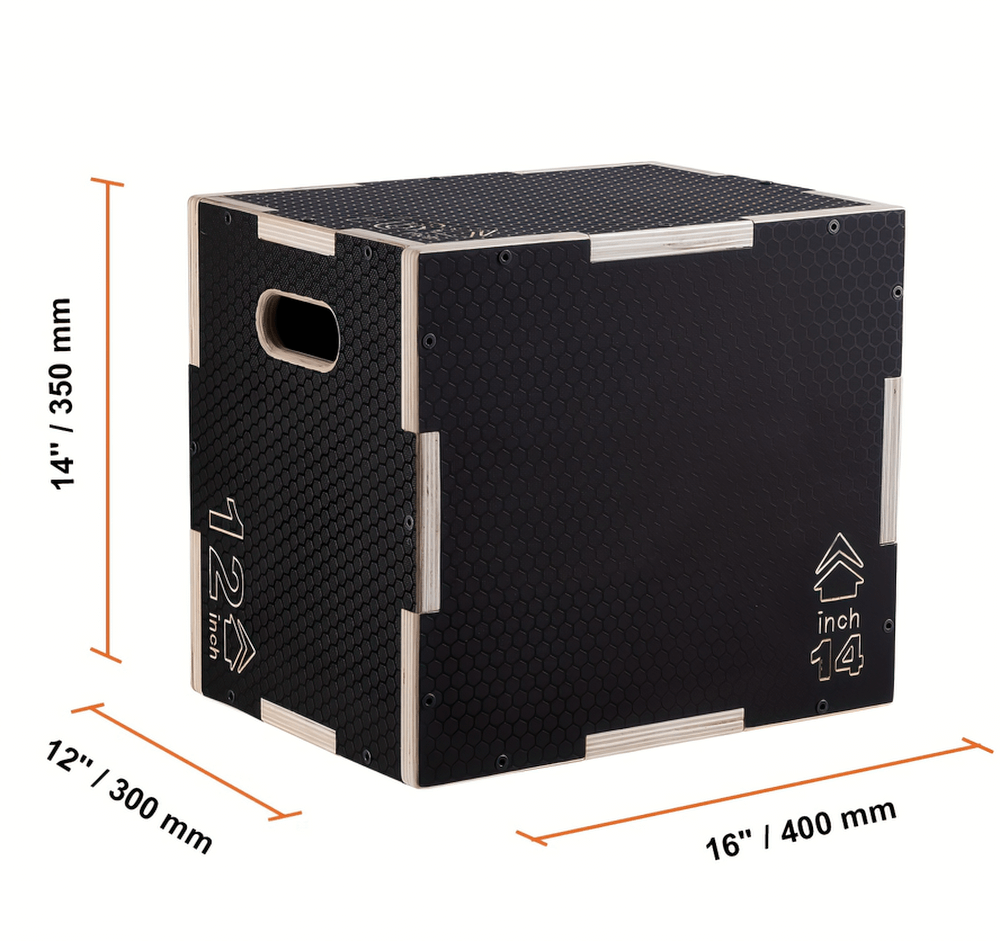 Adjustable 3-in-1 wooden plyometric jump box with non-slip surface for cardio and strength training, dimensions marked.