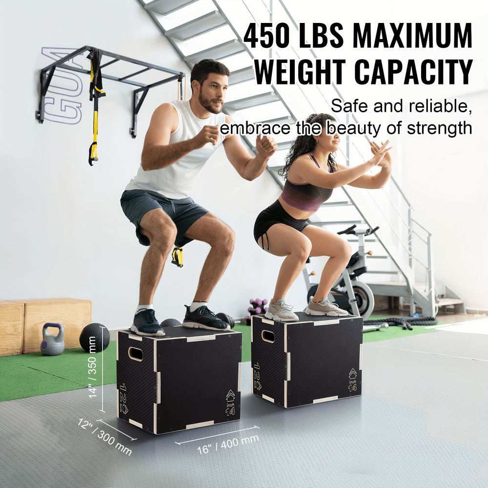 Two people exercising on adjustable plyometric jump boxes, showcasing strength and stability with 450 lbs max weight capacity.