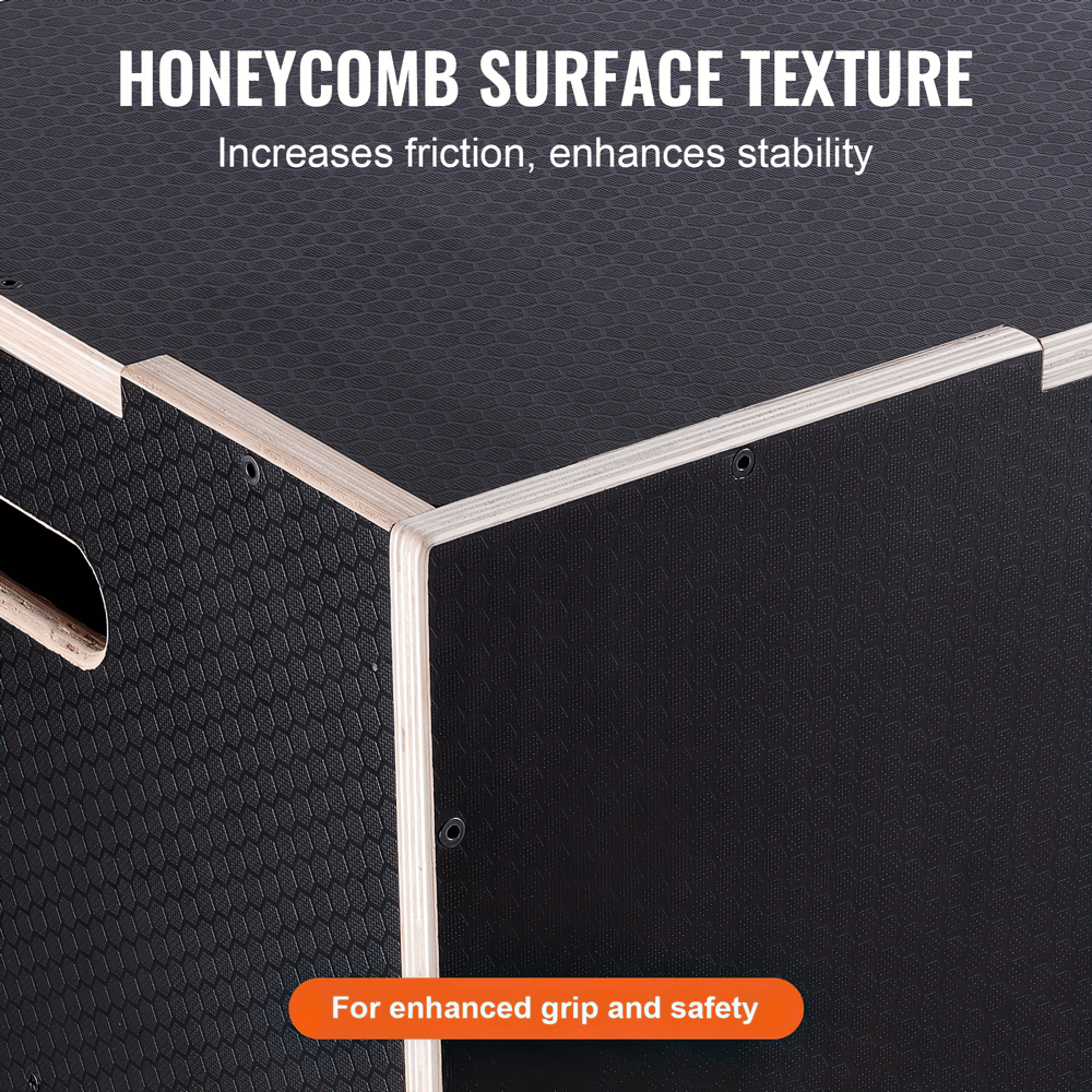 Close-up of honeycomb surface texture on adjustable wooden plyometric jump box for improved grip and stability during workouts.