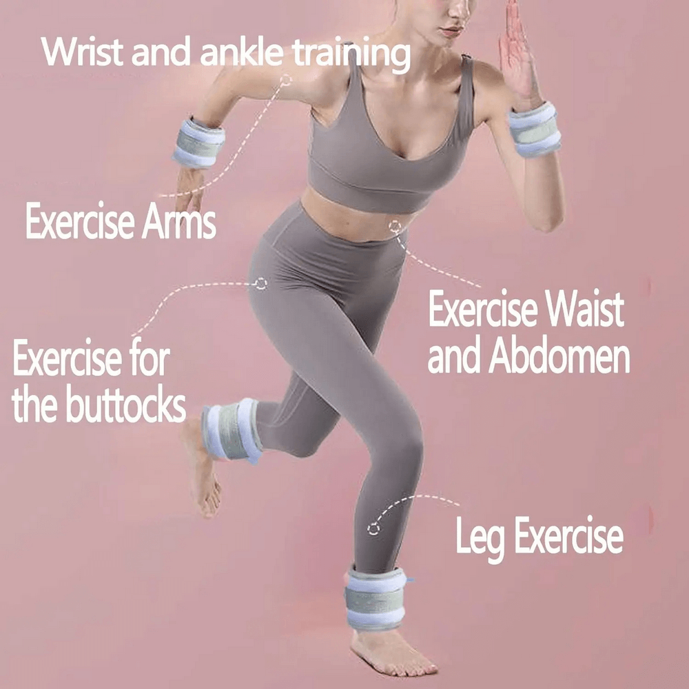 Woman demonstrating wrist and ankle weights for full-body workout, focusing on arms, waist, glutes, and legs. Perfect for multiple exercises.
