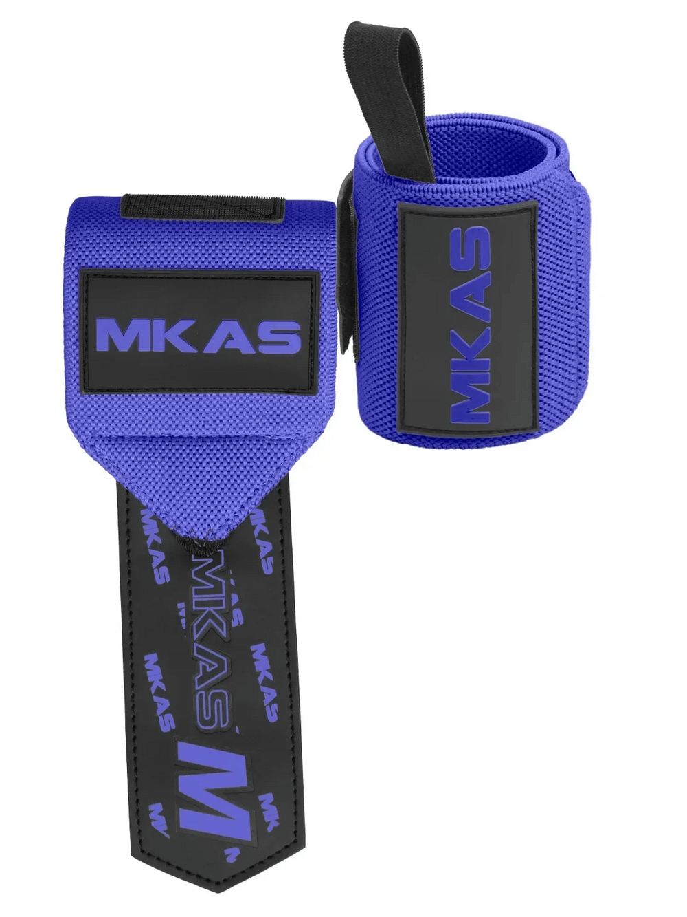 Adjustable blue wrist support wraps for weight lifting, featuring durable MKAS branding and hook-and-loop closure system.