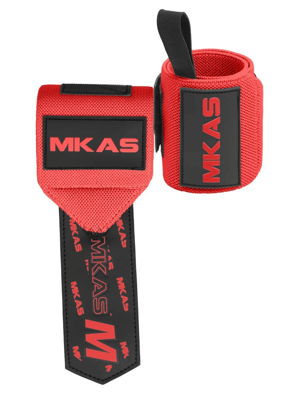 Red adjustable wrist support wraps for weight lifting with MKAS branding, designed for powerlifting and gym workouts.