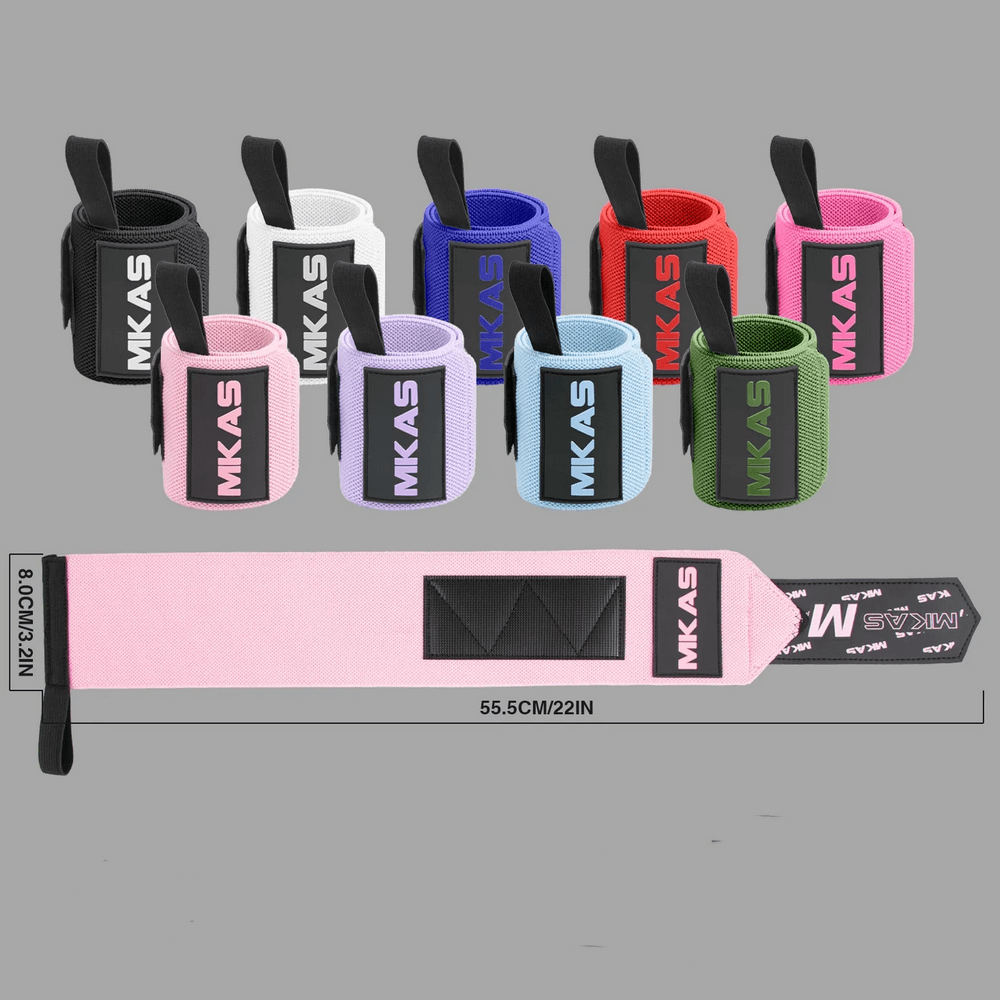 Colorful adjustable wrist support wraps for weight lifting, gym training, and powerlifting with hook-and-loop straps, MKAS brand.