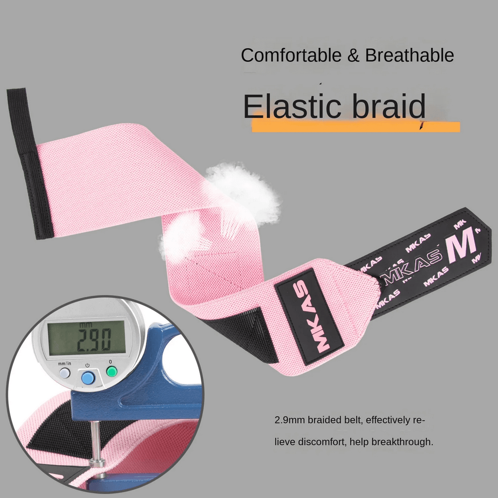 Elastic pink wrist support wrap for weightlifting with measurement display