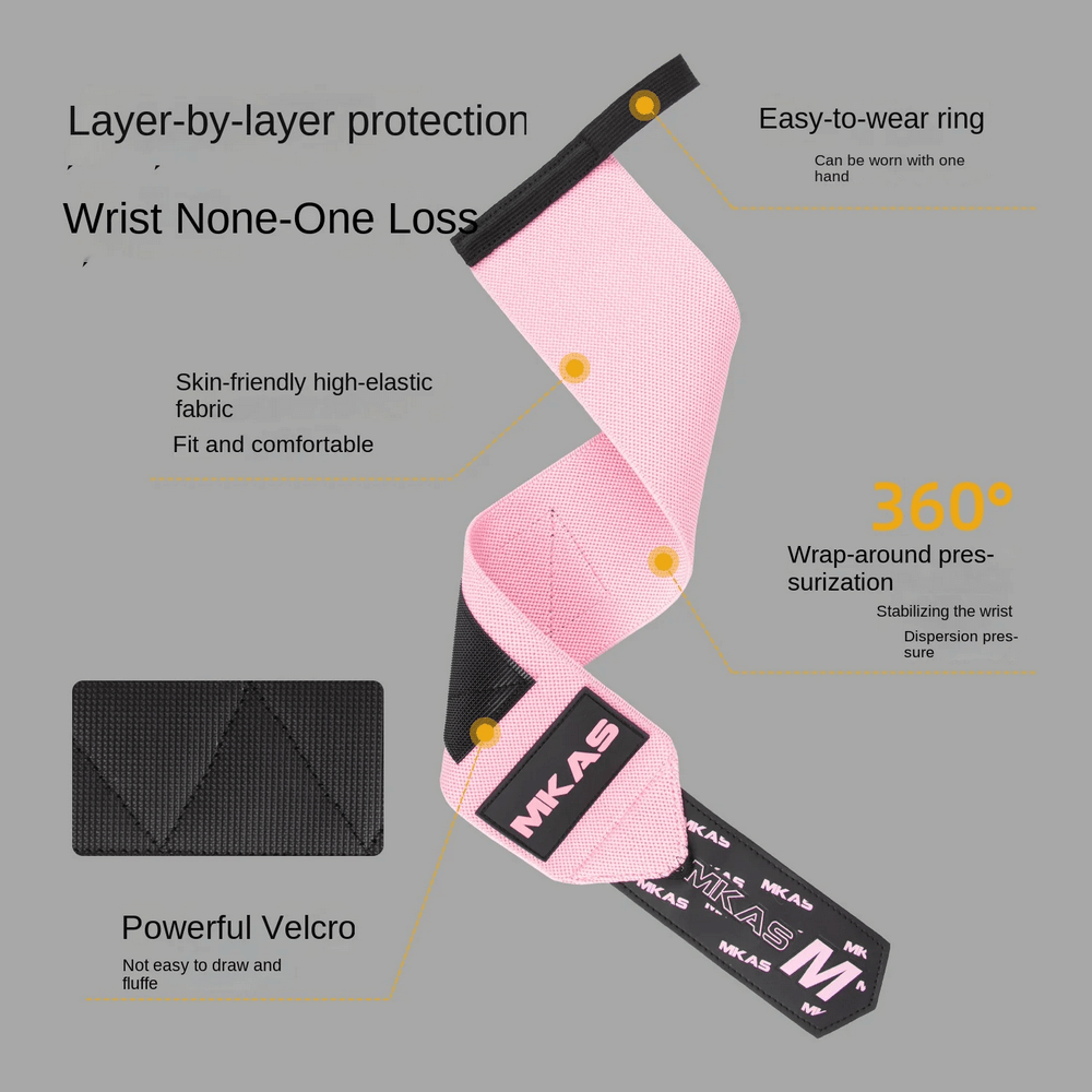 Pink adjustable wrist support wrap with hook-and-loop straps, durable design for weight lifting and gym workouts.